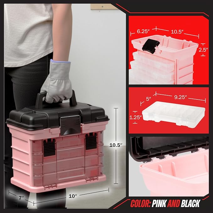 Pink Tool Box Organizer with Removable Compartments – Portable Storage Case - Image 6