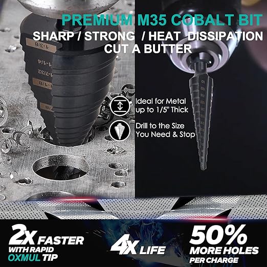 Step Drill Bits for Metal, 1/8 to 1/2, Cobalt Bit, Heavy Duty for Stainless Steel,Metal, Aluminum, Wood, Copper, Wood, 13-Steps. #202