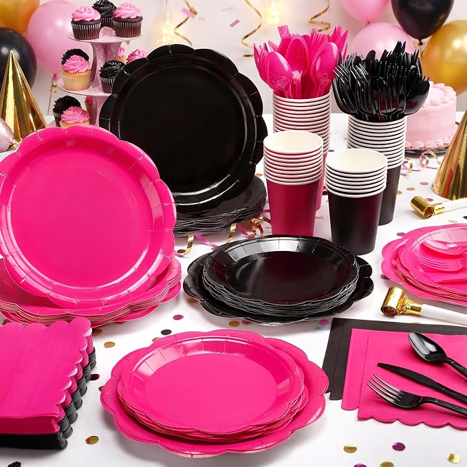 Pickmesh 400 Pcs Hot Pink and Black Birthday Party Supplies Include Hot Pink - Image 4