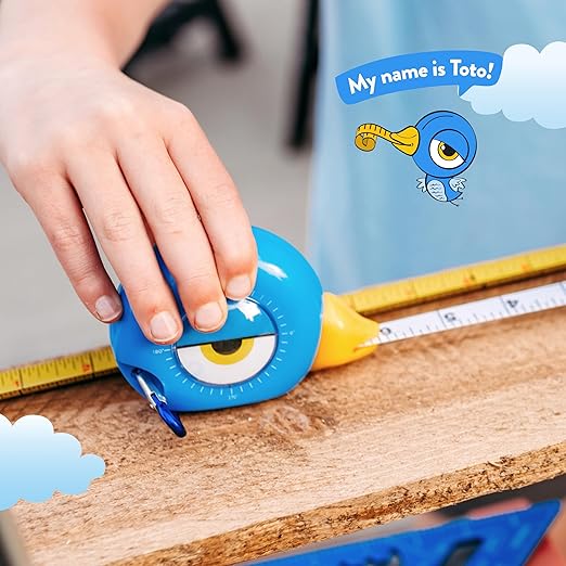 Handy Famm 8Ft Animal Shaped Kids Tape Measurer, Fun Level and Protractor Angle Finder, Educational Children's Tools, Small Measuring Tapes for Learning Early Math Skills, Ages 3 and up, Blue Bird