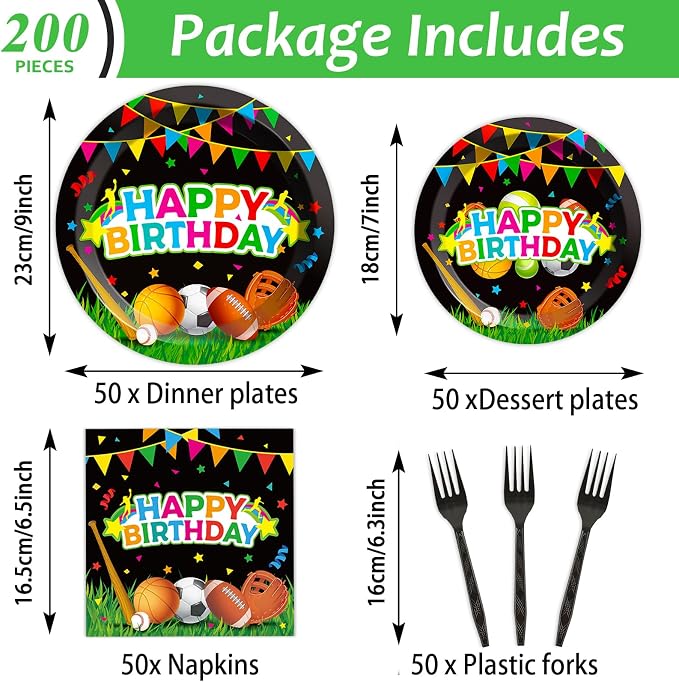 200 pcs Happy Birthday Party Plates and Napkins Kit Sports Themed Birthday - Image 2