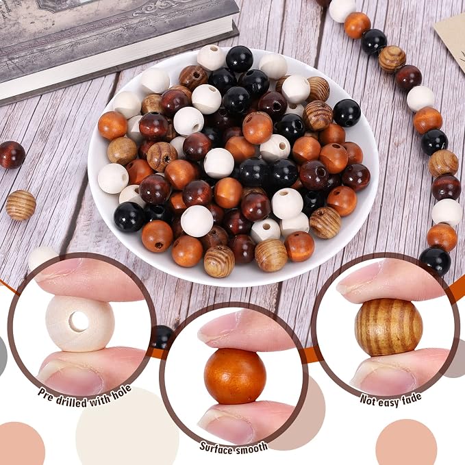 Whaline 240Pcs Farmhouse Rustic Fall Wood Beads Natural Round Wooden Beads - Image 3