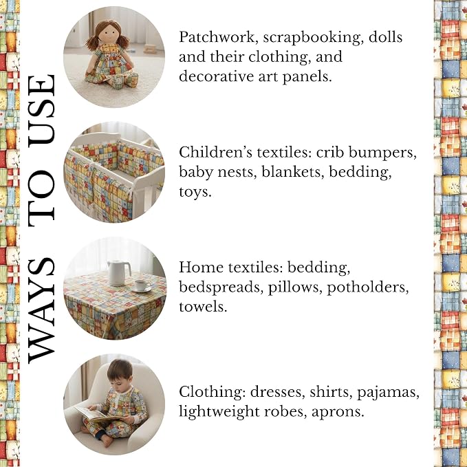 Patchwork Cotton Fabric Panel 61 x 36.6 Inches, Floral Quilt Style Squares - Image 9
