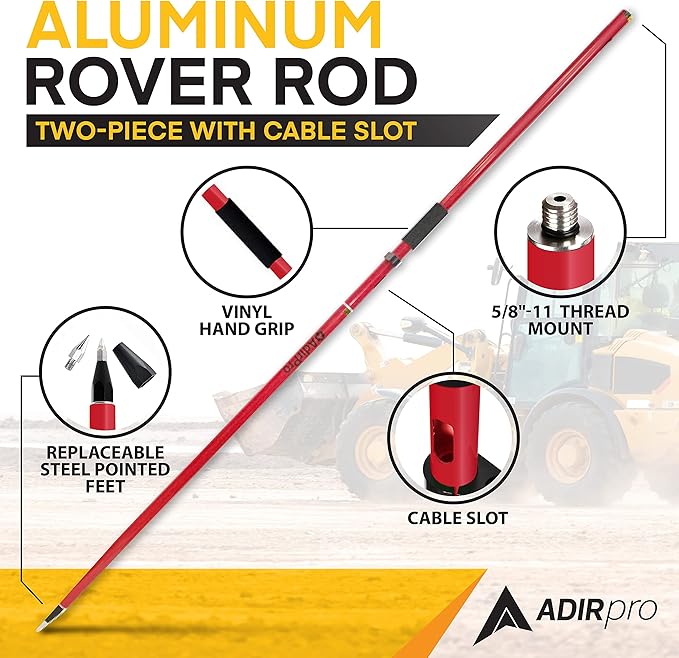 AdirPro Aluminum GPS Rover Rod – 2m 2-Piece Design GPS Pole for Land Surveying & Engineering – RTK GPS/GNSS Accessory – Includes Level Vial & Carrying Case (Red)