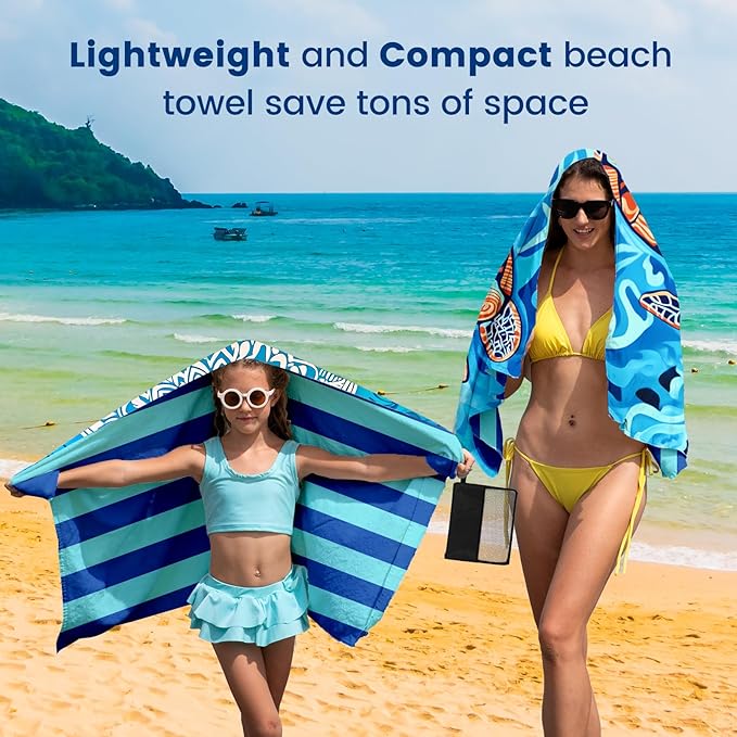 2 Pack Microfiber Beach Towel Oversized 71"x32" Sand Free Quick Dry Absorbent Lightweight Thin , Compact Towels for Travel Swimming Pool Yoga Gym Camping Beach Accessories Vacation Essentials Gift