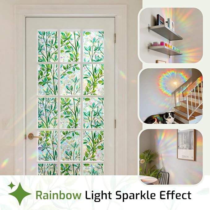 LUTE Stained Glass Window Privacy Film, Leaf Rainbow, 17.5" X 78.7" | No Glue - Image 3
