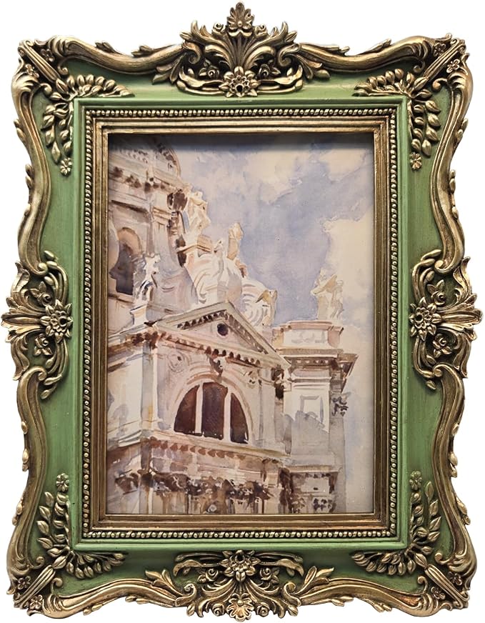 5x7 Vintage Picture Frame, Antique Green and Gold Ornate Photo Frame by BILXIM