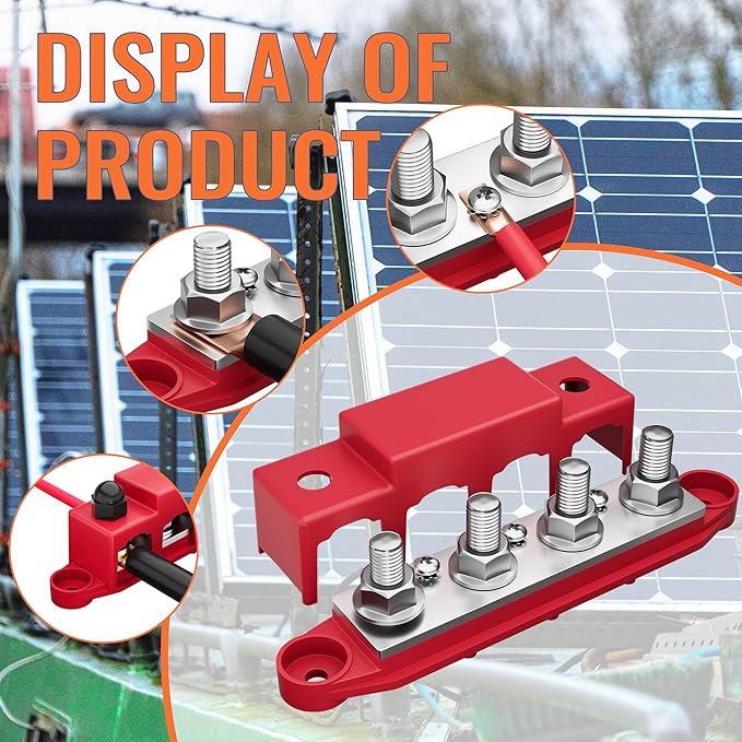 Joinfworld Power Distribution Block Bus Bar 12V 250A with 4 x 5/16"(M8) Studs Marine Bus Bar 12 Volt DC Battery Busbar Terminal Block for Automotive, Car, Boat, Solar Wiring - Negative&Positive