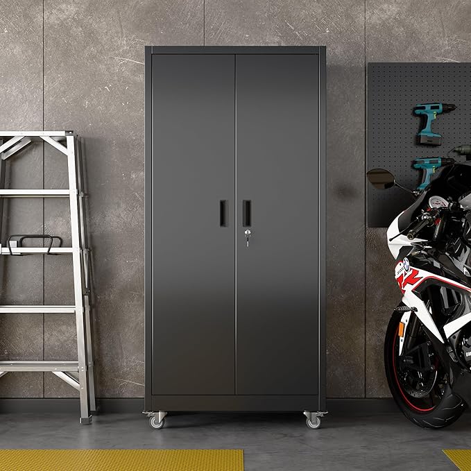 Aobabo Upgrade 71H''*34''W*18''D Metal Garage Storage Cabinet with Wheels and Pegboards, 5 Adjustable Shelves Steel Storage Cabinets for Home,Warehouse,Garage,Assembly Required,Black