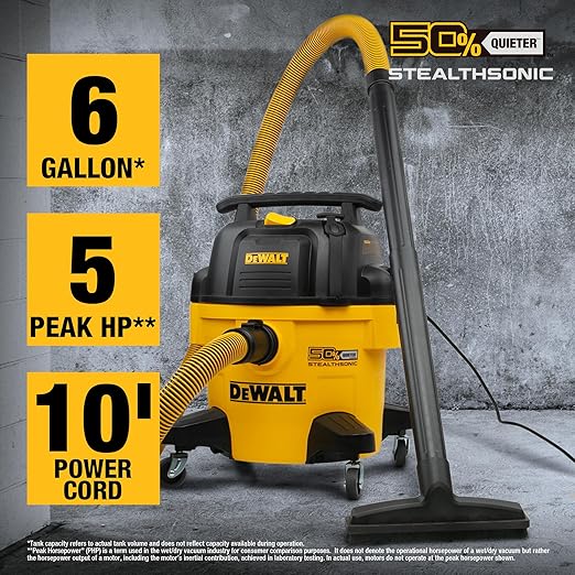 DEWALT 6-Gallon STEALTHSONIC Ultra Quiet Poly Shop Vacuum Wet and Dry, 5 Peak HP Noise Reduction Wet/Dry Vac for Jobsite, Workshop, and Garage, DXV06P-QTB