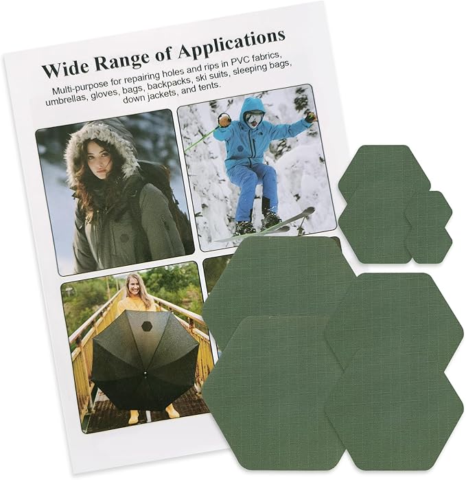 J.CARP 8PCS Nylon Repair Patches, Self Adhesive & Waterproof Patches, Nylon Repair Patches for Down Jacket, Clothing, Holes, Tents, Sleeping Bags, Umbrella, Etc(Green)
