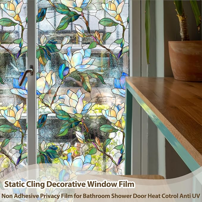 Magnolia Stained Glass Privacy Window Film, Decorative Window Tinting Film - Image 6