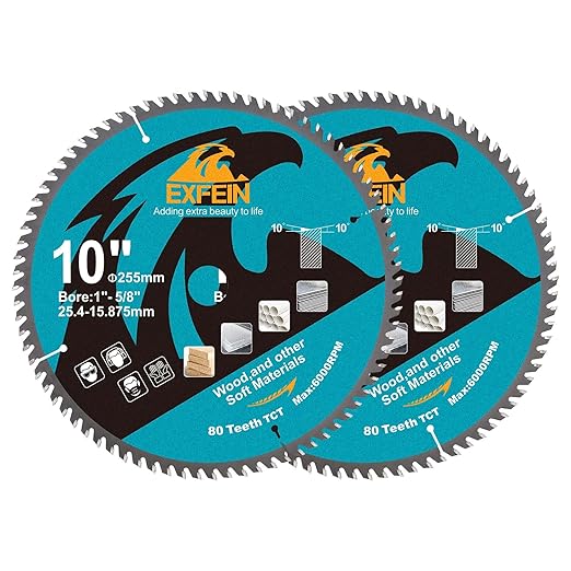 10 Inch Miter/Table Saw Blades 2pcs, 80 Teeth ATB TCT Fine Finish Wood Cutting Circular Saw Blade with 1 Inch Arbor