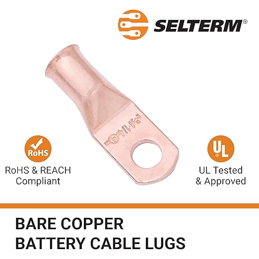 SELTERM 2pcs 4 AWG 1/4" Stud Copper Wire Lugs, Battery Lugs, Ring Terminals, Battery Cable Ends, 4 Guage Ring Terminal Connectors, UL Heavy Duty Bare Copper Eyelets Battery Terminal Connectors