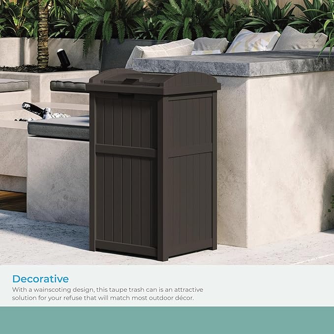 Suncast 33 Gallon Durable Plastic Hideaway Outdoor Garbage Can with Secure Lid and Wicker Design for Home Backyards, Decks, or Patios, Java Brown