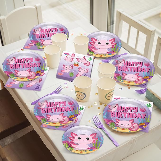 100 Pcs Axolotl Birthday Party Supplies Pink Axolotl Disposable Paper Plates - Image 6