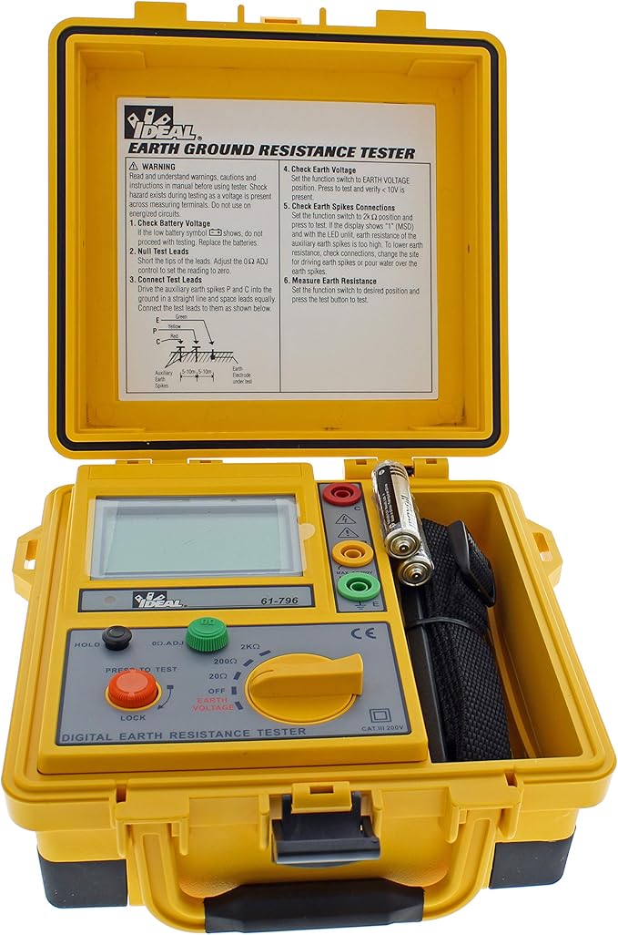 IDEAL Electrical 61-796 Earth Ground Resistance Tester, 3-Pole, Carrying Case Included,Yellow,Green,Red