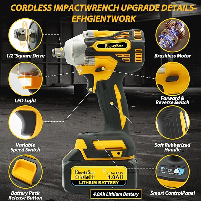 20V MAX Cordless Impact Wrench, 1/2" Brushless Motor High Torque Impact Gun, Variable Speed, Compatible with Ma kita Battery (Tool Only, No Battery and Charger Included)
