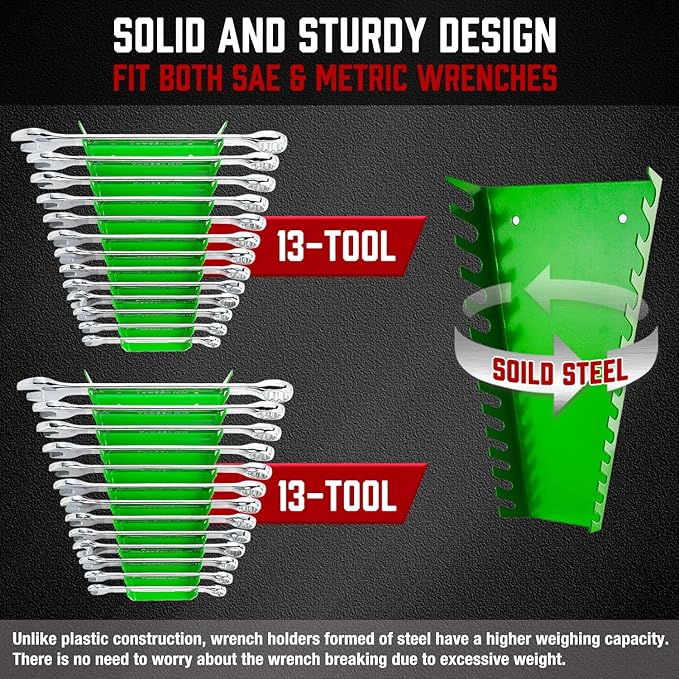 ALOANES 104-Slot Metal Wrench Organizer, Heavy Duty Wrench Organizer Tray for Tool Box, Fit SAE & Metric Wrench Storage, 8 Pack Wrench Holders(Green)