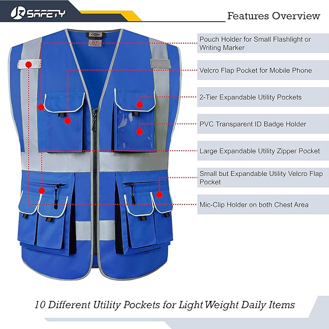 JKSafety 10 Pockets Blue Color Safety Vest Zipper Front with High Reflective Strips Meets ANSI/ISEA Standards (88-Blue, Large)