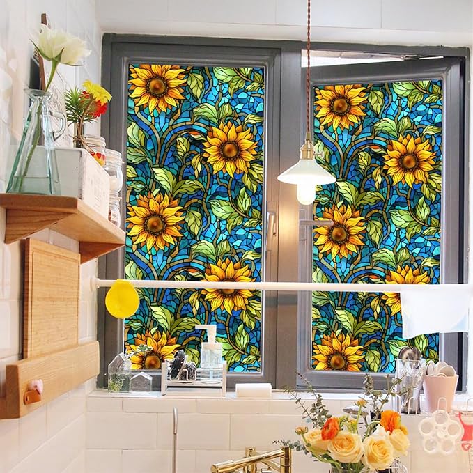 Sunflower Stained Glass Window Film, Non Adhesive Privacy Film, Stained Glass - Image 2