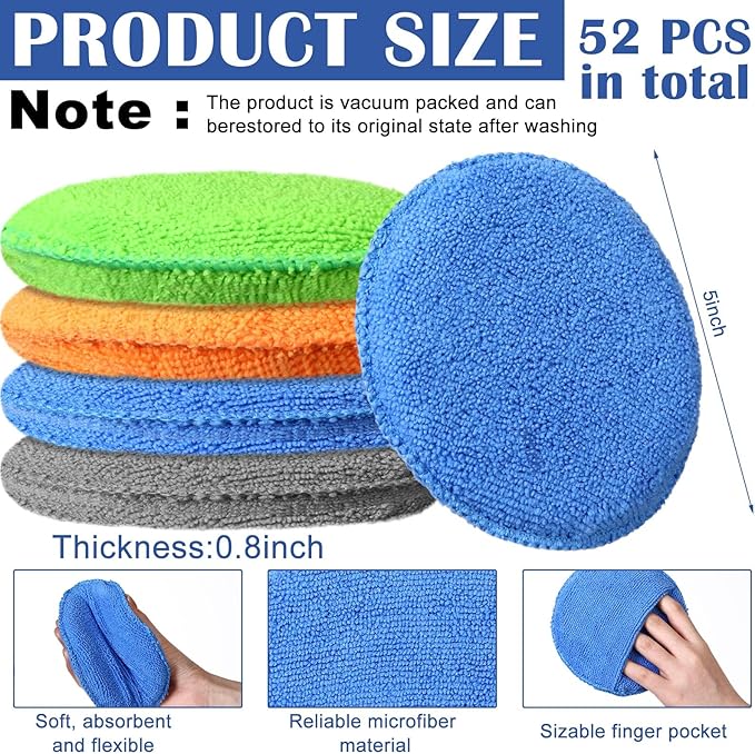 52 Pcs Microfiber Wax Applicator Pad 5" Diameter Soft Wax Pads for Car with Finger Pocket Cleaning Microfiber Polishing Care Foam Sponge for Cars, Truck, Boat, Motorcycle, RV, 4 Colors