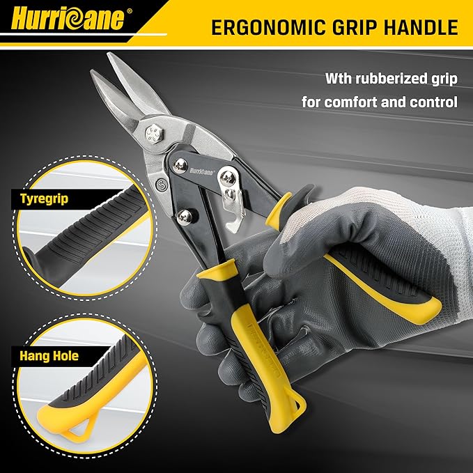 HURRICANE 3 pc Aviation Tin Snips Set, Metal Cutter Shear for Cut Sheet Metal, Chrome Vanadium Steel, Straight Left and Right, Ergonomical TyreGrip Handle with Hang Hole and Safety Latch