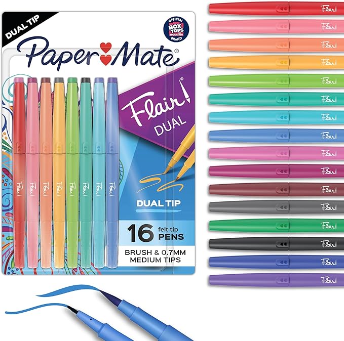 Paper Mate Flair DUAL Felt Tip Pens, Brush and Medium Tips, Note-Taking by Unknown