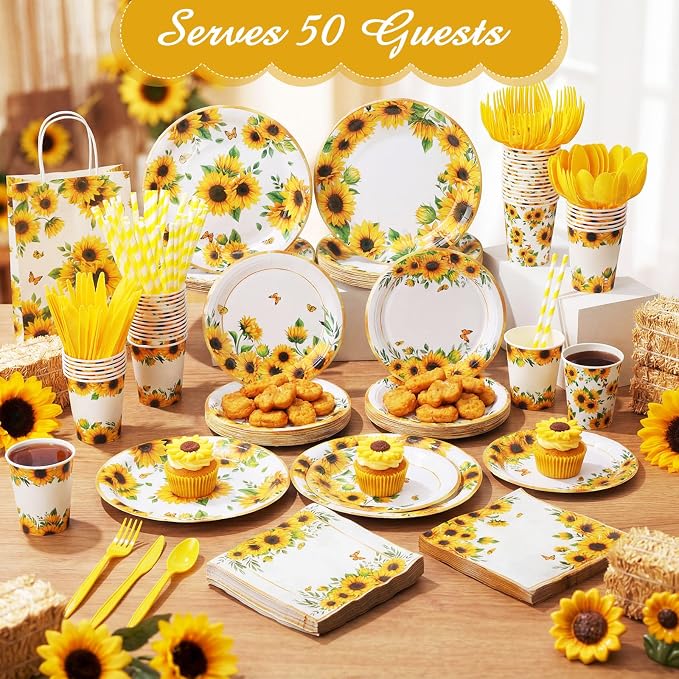 450 Pcs Sunflower Birthday Tableware Set Decorations Floral Paper Plates - Image 6
