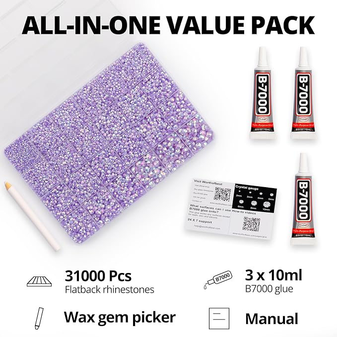 31000Pcs Lavender Rhinestones for Bedazzling, Mult Sizes 2-6mm Flatback Gems - Image 2