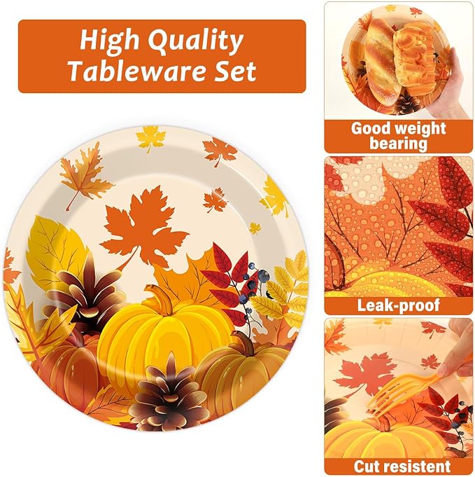 50 Guests Thanksgiving Fall Plates and Napkins Party Supplies Autumn Leaves - Image 4