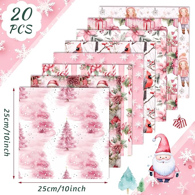 HunnmingRe 20 Pcs 10''x10'' Pink Christmas Quilting Fabric Square Santa Claus - Image 2