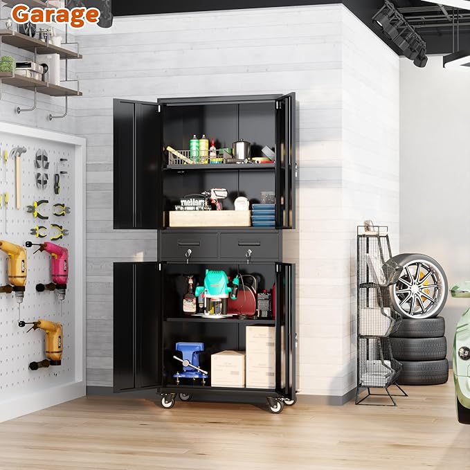 Metal Garage Storage Cabinet with Wheels,Rolling Tool Cabinet with 2 Lockable Drawers for Garage Warehouse Home,Required Assembly,Black,71" H*30" W*15" D