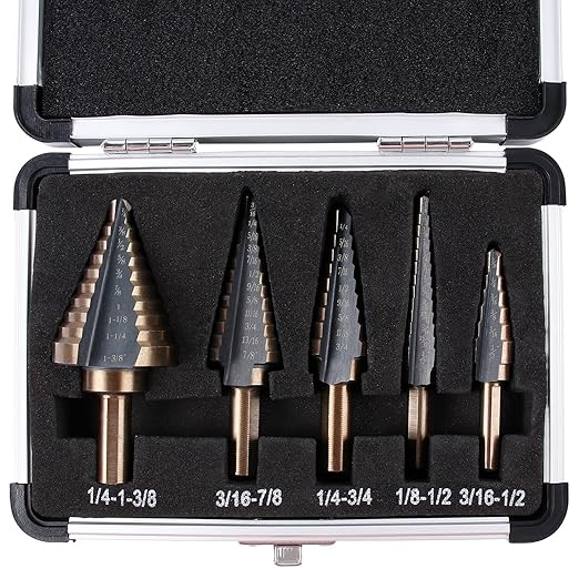 Zhushan 5pcs Step Drill Bit Set,High Speed Step Drill Bit, HSS Cobalt Multiple Hole 50 Sizes Titanium Step Drill Bit with Aluminum Case