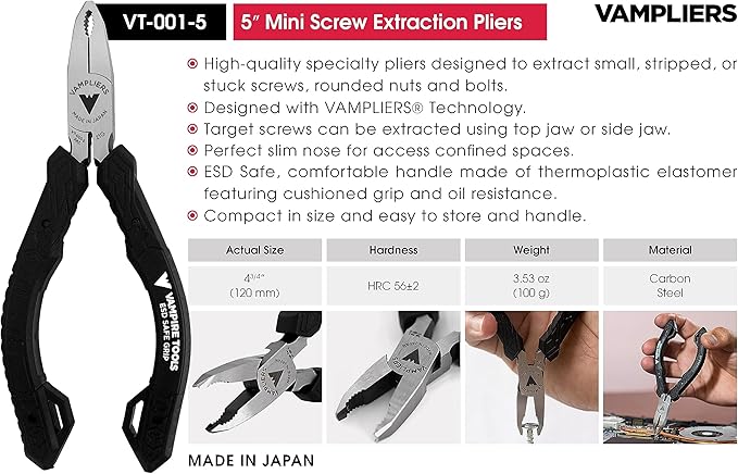 VAMPLIERS 4-Piece Stripped Screw Extractor Pliers Gift Set. Made in Japan. 8" Linesman, 7.5" Long Nose, 6.25" Multipurpose & 5" ESD Safe Pliers + Tool Pouch. Remove any Stripped/Damaged/Rusted Screws.