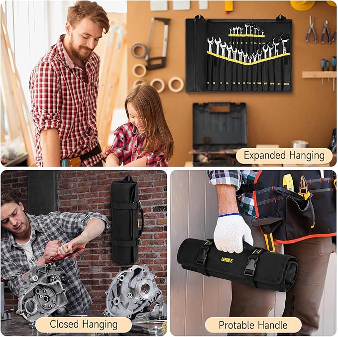Wrench Roll Organizer (NOT for Ratcheting Wrench),Wrench Roll Up Pouch with 23+1 Pockets,Heavy Duty Tool Roll for Metric & SAE Wrenches,Large Wrench Holder Organizer Bag for Men,Mechanics(Black)