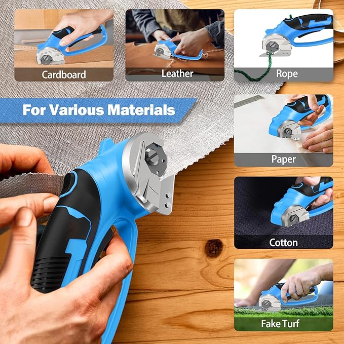 Cordless Electric Scissors, 4V Box Cutter & Cardboard Cutter with Upgrade Blade, LED Light, Safety Lock - Rechargeable Rotary Cutter for Fabric, Leather, Plastic, Crafting, Sewing, Industrial (Blue)