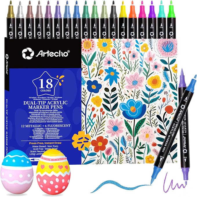Artecho Acrylic Paint Markers 18 Colors include 12 Metallic + 6 Fluorescent by Artecho