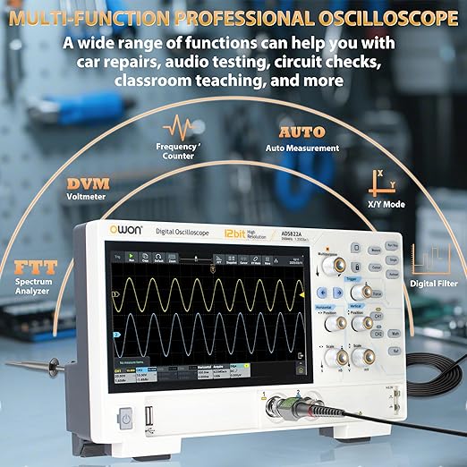 OWON Oscilloscope ADS822A 200MHz Dual Channel Digital Oscilloscope 12 Bits Vertical Resolution 1.25GSa/s Sample Rate with 50M Memory Depth 7 inch LCD Display Lab Oscillograph