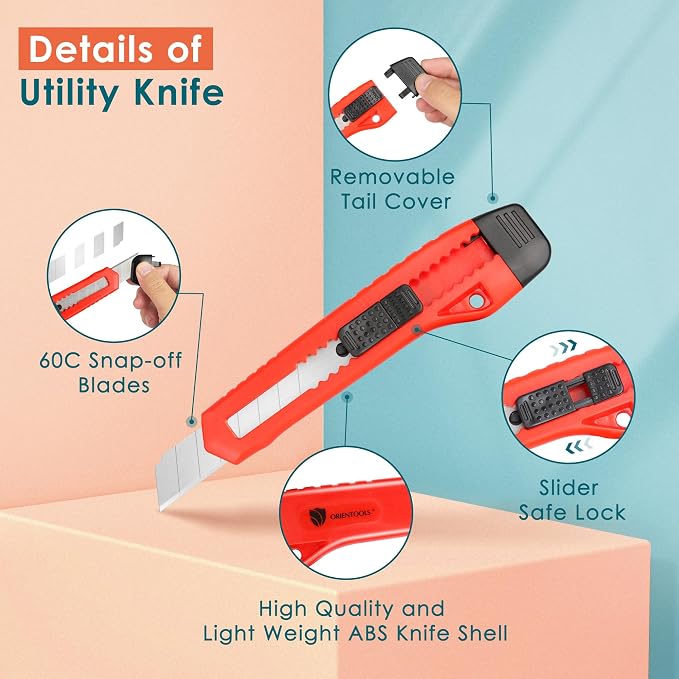 ORIENTOOLS Utility Knife Box Cutter Auto-lock 4-Pack Set, Retractable Box - Image 3
