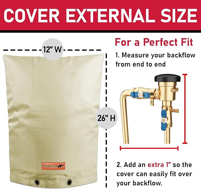Redford Supply Co. Cold Snap (5°F) Backflow Preventer Insulation Cover, 12"W x 26"H, Pipe Insulation, Water Sprinkler Covers for Outside, Sprinkler Backflow Cover for Winter, Well Pump Bag (Beige)