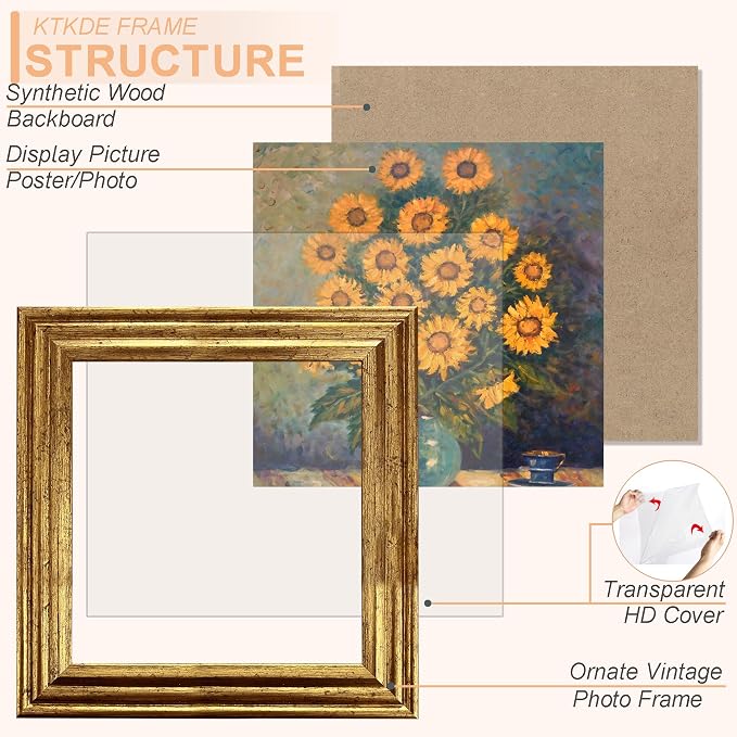 KTKDE 10x10 Picture Frame Set of 2, Ornate Vintage Gold Photo Frames 10 x 10 - Image 2