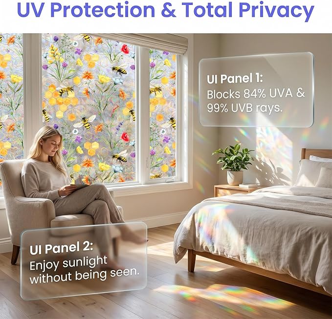 Yellow Floral Window Film, Static Cling Decorative Window Sticker, Non-Adhesive - Image 3