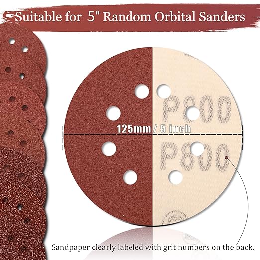 100 PCS 800 Grit 5 Inch Sanding Discs, Hook and Loop Sandpaper for Random Orbital Sander