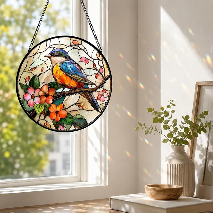 Birds and Flower Acrylic Suncatcher Faux Stained Glass Window Hanging 6.3" | - Image 6