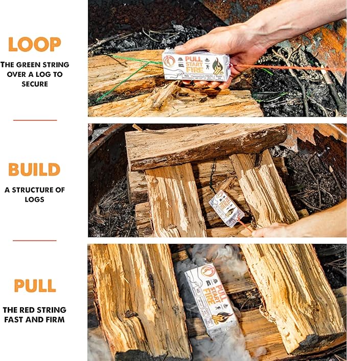 Pull Start Fire Pull String Firestarter | No Matches Required, Fire Starts in Seconds | for Campfires, Grill, Fireplace, BBQ | Lights Wet Wood, Easy to Use, Food Safe and Weather Resistant