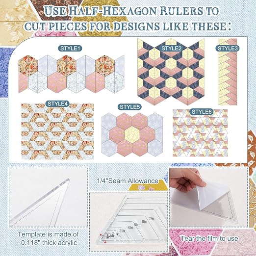 Kigley 8 Pcs Half Hexagon Quilting Templates and Rulers 1/1.5/2/3/4/5/6/7 Inch - Image 3