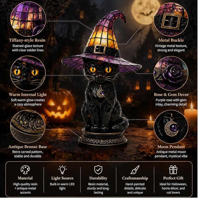 Resin Black Cat Witch Hat Table Lamp - Image 5