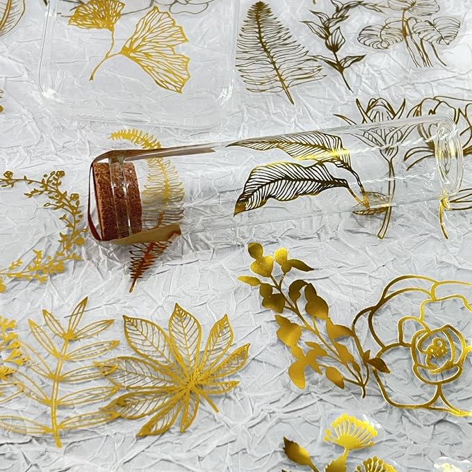 50PCS Boughs and Flowers Stickers Aesthetic PET Stickers Gold Stamp Decal - Image 6