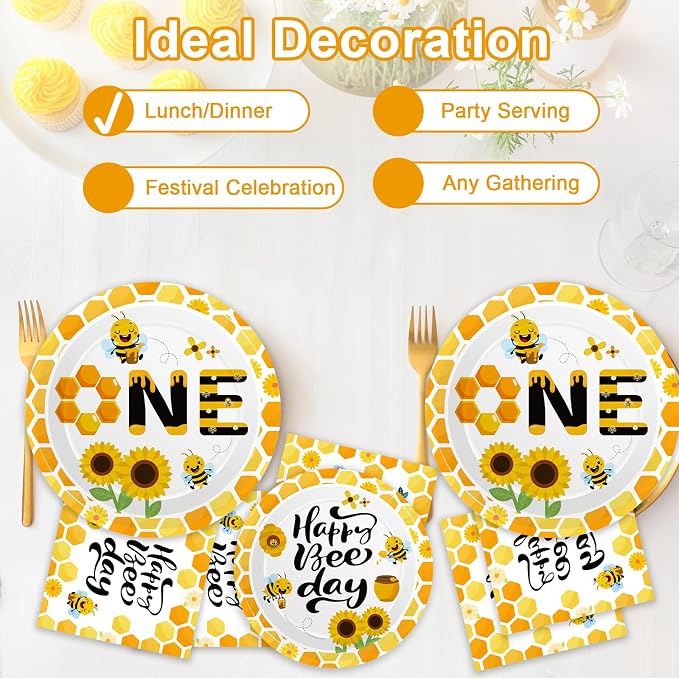 Qyeahkj 100 Pcs Bee 1st Birthday Party Supplies Paper Plates and Napkins Set - Image 7